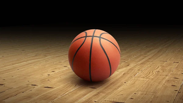 Ein Basketball Mit Dunklem Hintergrund Auf Einem Hartholzboden Der Sporthalle — Stockfoto