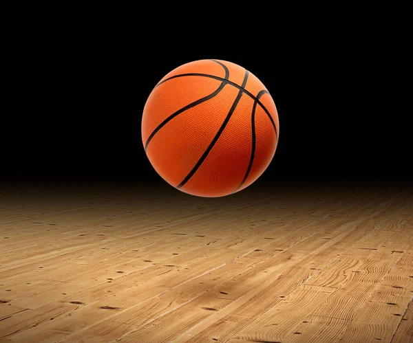 Ein Basketball Mit Dunklem Hintergrund Auf Einem Hartholzboden Der Sporthalle — Stockfoto