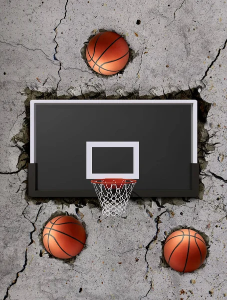 壁を飛ぶバスケットボールボールと亀裂を介してセメントの壁にバスケットボールのフープ — ストック写真