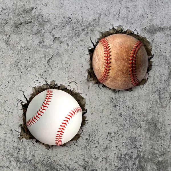 Dos Bolas Béisbol Volando Través Pared Con Grietas —  Fotos de Stock