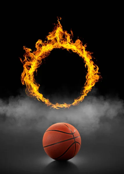 Μπάλα Και Δακτύλιος Μπάσκετ Από Φωτιά Μαύρο Φόντο Καπνού — Φωτογραφία Αρχείου