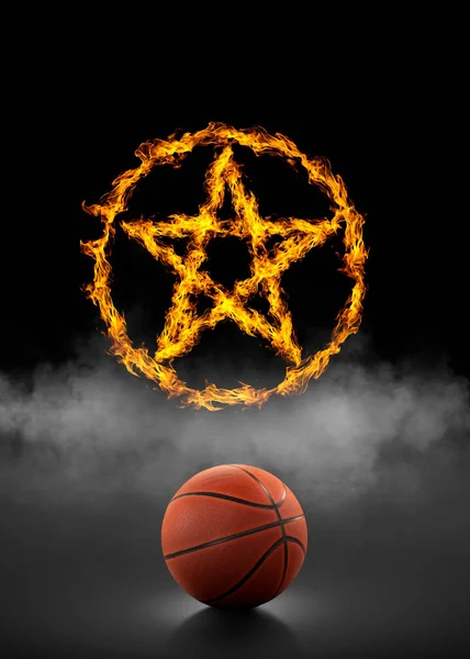 Kosárlabda Gyűrű Csillag Tűz Fekete Füst Háttér — Stock Fotó