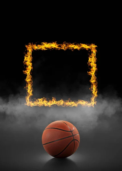 Basketbol Topu Kare Siyah Duman Arka Planda Ateş — Stok fotoğraf