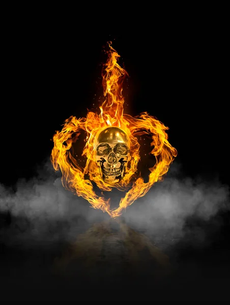 燃烧的骷髅和心脏燃烧的热量 黑色烟幕背景的火 — 图库照片