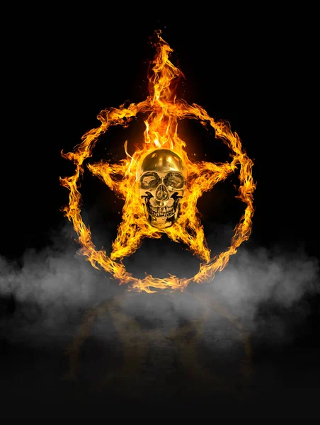 Огненный Череп Кольцо Звезды Огня Черном Фоне Дыма — стоковое фото
