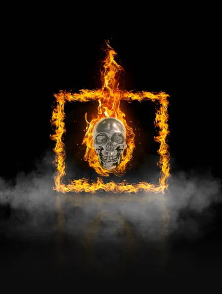 Feuer Schädel Und Quadrat Feuer Schwarzem Rauch Hintergrund — Stockfoto
