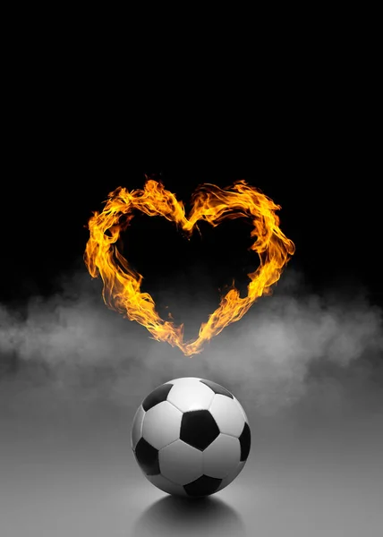 Piłka Nożna Serce Płomień Ciepło Czarny Dym Tło — Zdjęcie stockowe
