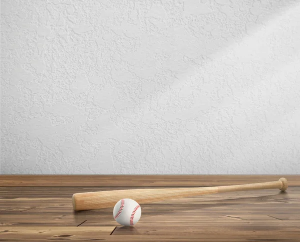白い空の部屋の木製の床の野球ボールと木製の野球バット太陽の光が壁に影を投げ — ストック写真