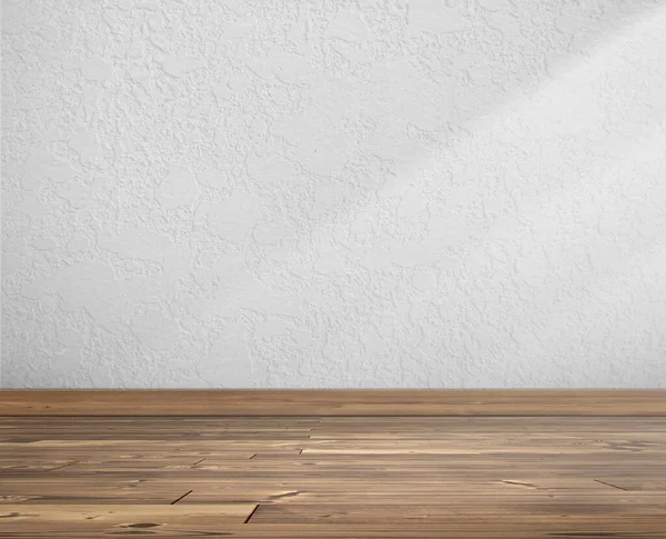 Witte Lege Kamer Houten Vloer Met Zonlicht Schaduwen Muur Uitzicht — Stockfoto