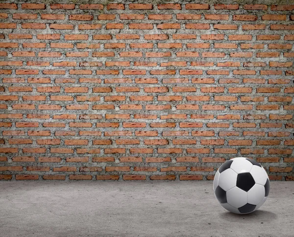 Soccer Ball Room Brick Wall Cement Floor — Stock Photo, Image