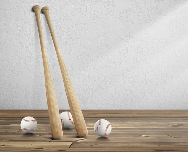 Piłka Baseballowa Drewniany Kij Baseballowy Białym Pustym Pokoju Drewniana Podłoga — Zdjęcie stockowe
