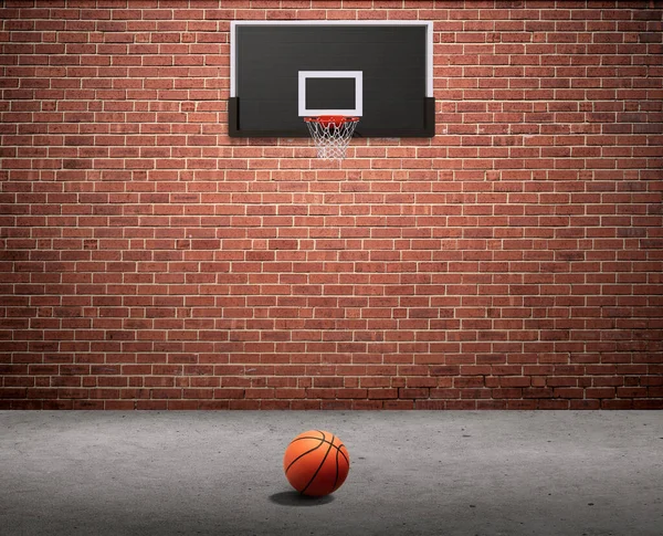 Basketball Und Basketballkorb Auf Ziegelwand Und Zementboden — Stockfoto