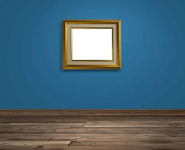 Zlatý Rám Obrazu Barevné Stěně Hnědé Dřevěné Podlaze — Stock fotografie