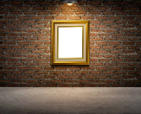 Illuminated Lamp Golden Picture Frame Dark Brick Wall — Stock Photo, Image