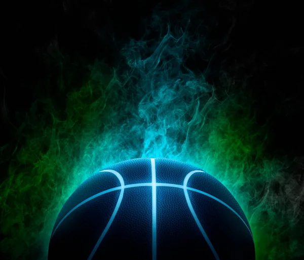 Duman Arka Planında Parlak Mavi Parlak Neon Çizgileri Olan Basketbol — Stok fotoğraf