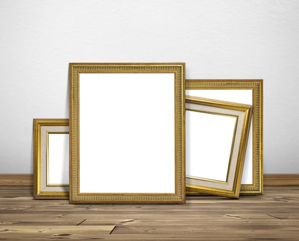 Zlatý Rám Obrazu Místnosti Bílé Stěny Dřevěné Podlahy — Stock fotografie