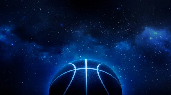 Баскетбол Ярко Голубыми Светящимися Неоновыми Линиями Плавающими Поле Зрения Планеты — стоковое фото