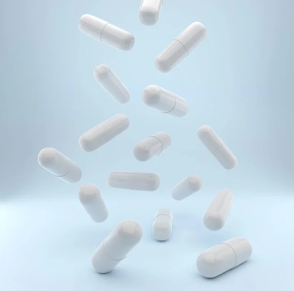Pillole Cadenti Uno Sfondo Azzurro — Foto Stock