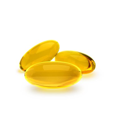 A, E, Omega 3 ya da kolajenin altın yağ kapsülü. Beyaz arka planda balık yağı ya da organik kozmetik yağı bulunan tıbbi haplar.