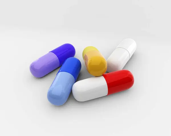 Pilha Comprimidos Coloridos Comprimidos Cápsulas Sobre Fundo Branco — Fotografia de Stock