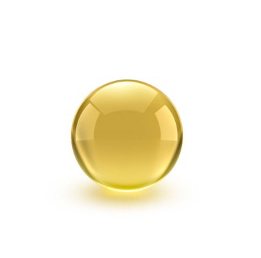 Beyaz arka planda izole edilmiş altın rengi cam bir top. E vitamini, A vitamini, Argan yağı, badem, morina ciğeri, Omega 3, balık. Altın baloncuk şablonu