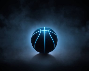 tamamen siyah çevrede oturan parlak mavi parlayan Neon hatları ile tek siyah basketbol 3D render 