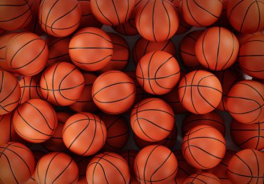Basketbol topu arka planı. Birçok turuncu basketbol topu yığının içinde yatıyor.
