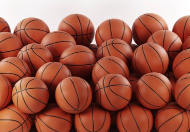 Basketbol topu arka planı. Birçok turuncu basketbol topu yığının içinde yatıyor.