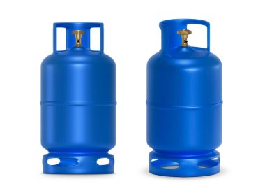 Beyaz arkaplanda mavi gaz tankları izole edildi