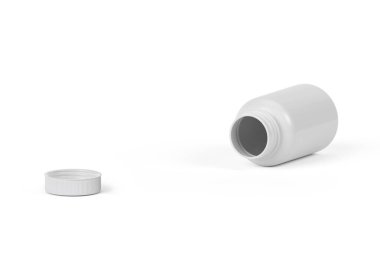 Beyaz arka planda boş plastik ilaç şişesi.