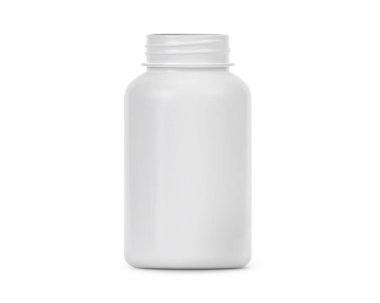 Beyaz arka planda boş plastik ilaç şişesi.