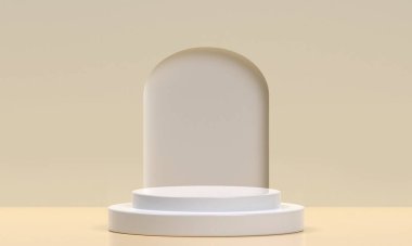 Stüdyo odasında beyaz ürün podyumu, sunum için pastel bej rengi