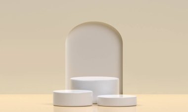 Stüdyo odasında beyaz ürün podyumu, sunum için pastel bej rengi