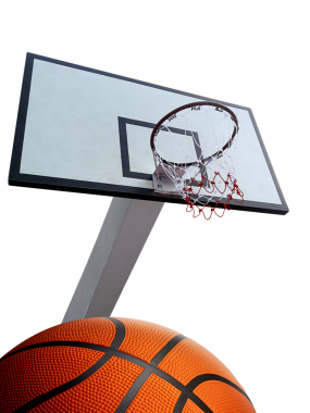 Basketbol. Basketbol potasının düşük açılı görüntüsü, şeffaf arka plan