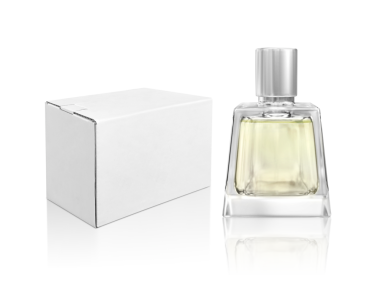 Parfüm şişesi ve beyaz ambalaj kutusu, şeffaf arka plan