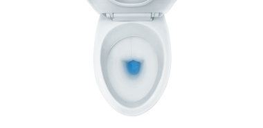 Üst klozet manzarası, mavi deterjan sifonu, şeffaf arka plan.