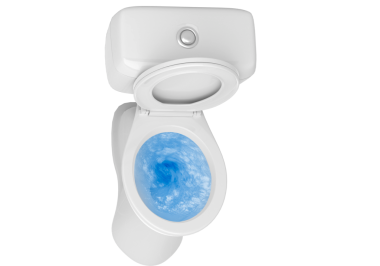 Üst klozet manzarası, mavi deterjan sifonu, şeffaf arka plan.