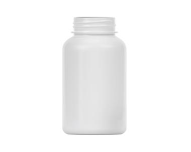 Boş plastik hap şişesi, şeffaf arka plan.
