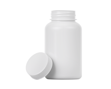 Boş plastik hap şişesi, şeffaf arka plan.