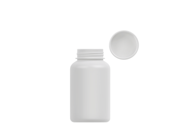 Üst Manzara. Boş plastik hap şişesi, şeffaf arka plan.