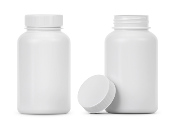 Boş plastik hap şişesi, şeffaf arka plan.