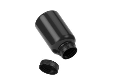 Siyah takviye şişesi. İlaç kutusu, plastik kavanoz boş maket. Vitamin ilaç kapsülü şişesi, ilaç ürün paketi