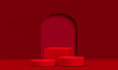 Kozmetik ürünlerin Noel 'de ya da yeni yılda sergilenmesi için podyum kırmızısı. Kırmızı arkaplanda ürün gösterimini göster