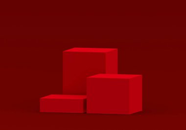 Kozmetik ürünlerin Noel 'de ya da yeni yılda sergilenmesi için podyum kırmızısı. Kırmızı arkaplanda ürün gösterimini göster