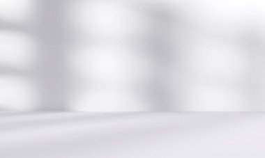 Ürün sunumu için pencere zemininden ışık ve gölge alan soyut beyaz stüdyo odası