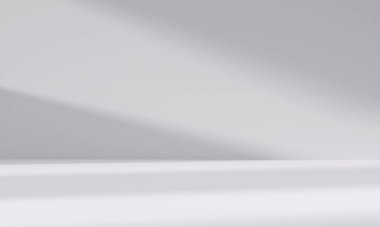 Ürün sunumu için pencere zemininden ışık ve gölge alan soyut beyaz stüdyo odası