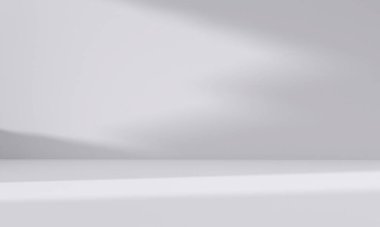 Ürün sunumu için pencere zemininden ışık ve gölge alan soyut beyaz stüdyo odası