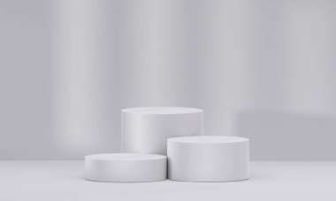 Işıklı ve gölgeli üç boyutlu beyaz podyum. Minimalist tasarımda soyut geometrik kompozisyon. 3D stüdyo ürün sergisi temeli