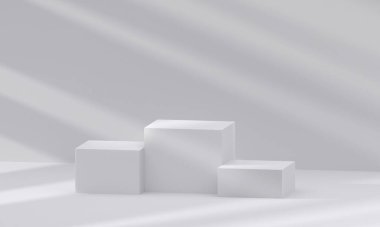 Işıklı ve gölgeli üç boyutlu beyaz podyum. Minimalist tasarımda soyut geometrik kompozisyon. 3D stüdyo ürün sergisi temeli