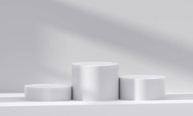 Işıklı ve gölgeli üç boyutlu beyaz podyum. Minimalist tasarımda soyut geometrik kompozisyon. 3D stüdyo ürün sergisi temeli